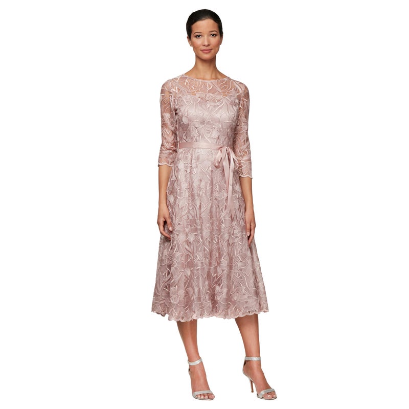 Alex Evenings Women's Tea Length Embroidered Cocktail Dress with Illusion Sleeves, Wedding Guest (Petite and Regular Sizes), Rose, 18 - Image 1